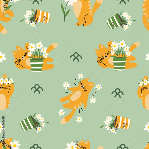 Cute cat and flowers seamless pattern. Perfect for children room, gift warp or any project.