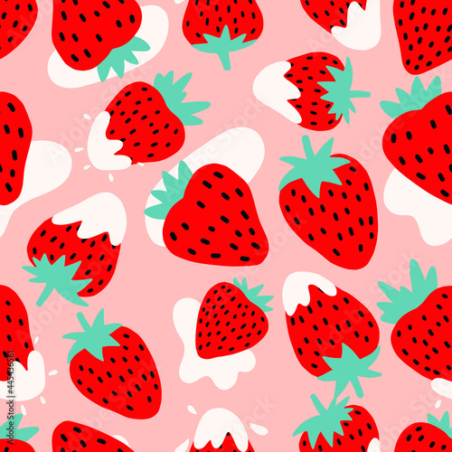 Cute strawberries with whipped cream seamless pattern. Summer berries with a touch of milk. Perfect summer food.