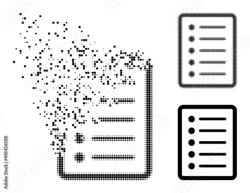 Dissolving pixelated list page icon with wind effect, and halftone vector pictogram. Pixelated dissolving effect for list page reproduces speed and motion of cyberspace items.