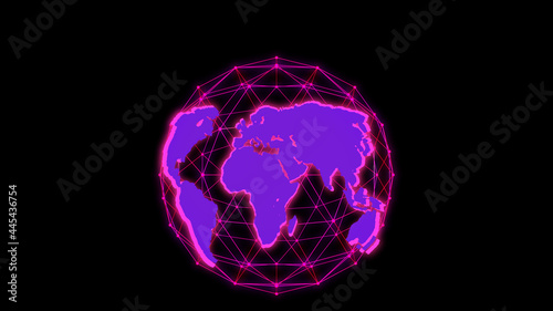 Big data 3d Earth. World map surrounding globe rotating. Plexus News logo