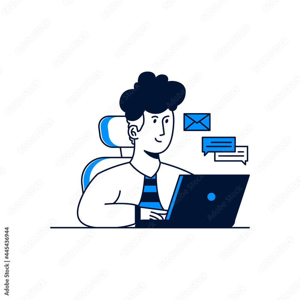 working activity concept. A man receive and sending email from laptop. trendy vector illustration style