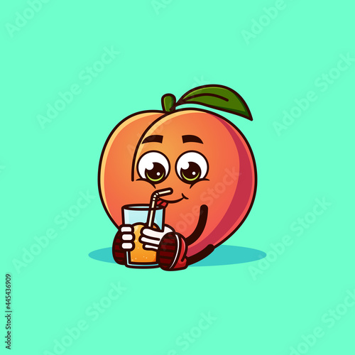 Cute Peach fruit character sitting with Peach juice. Fruit character icon concept isolated. Emoji Sticker. flat cartoon style Vector