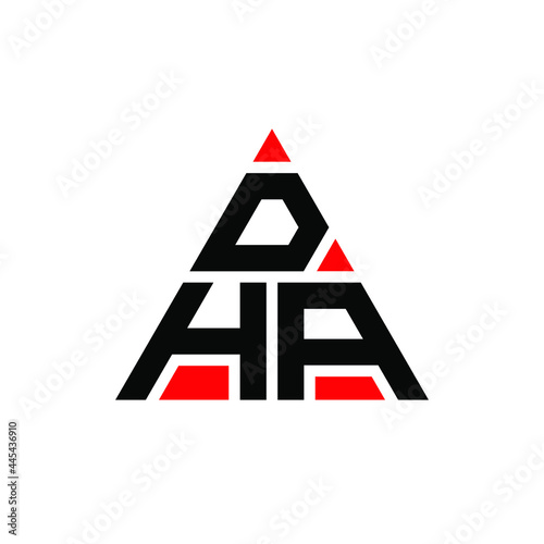 DHA triangle letter logo design with triangle shape. DHA triangle logo design monogram. DHA triangle vector logo template with red color. DHA triangular logo Simple, Elegant, and Luxurious Logo. DHA 