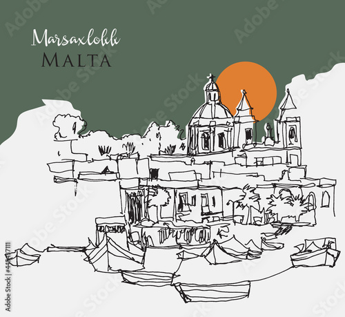 Hand drawn sketch illustration of Marsaxlokk coastline in Malta
