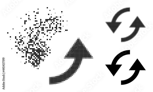 Dissipated pixelated refresh glyph with wind effect, and halftone vector icon. Pixelated degradation effect for refresh reproduces speed and motion of cyberspace concepts.