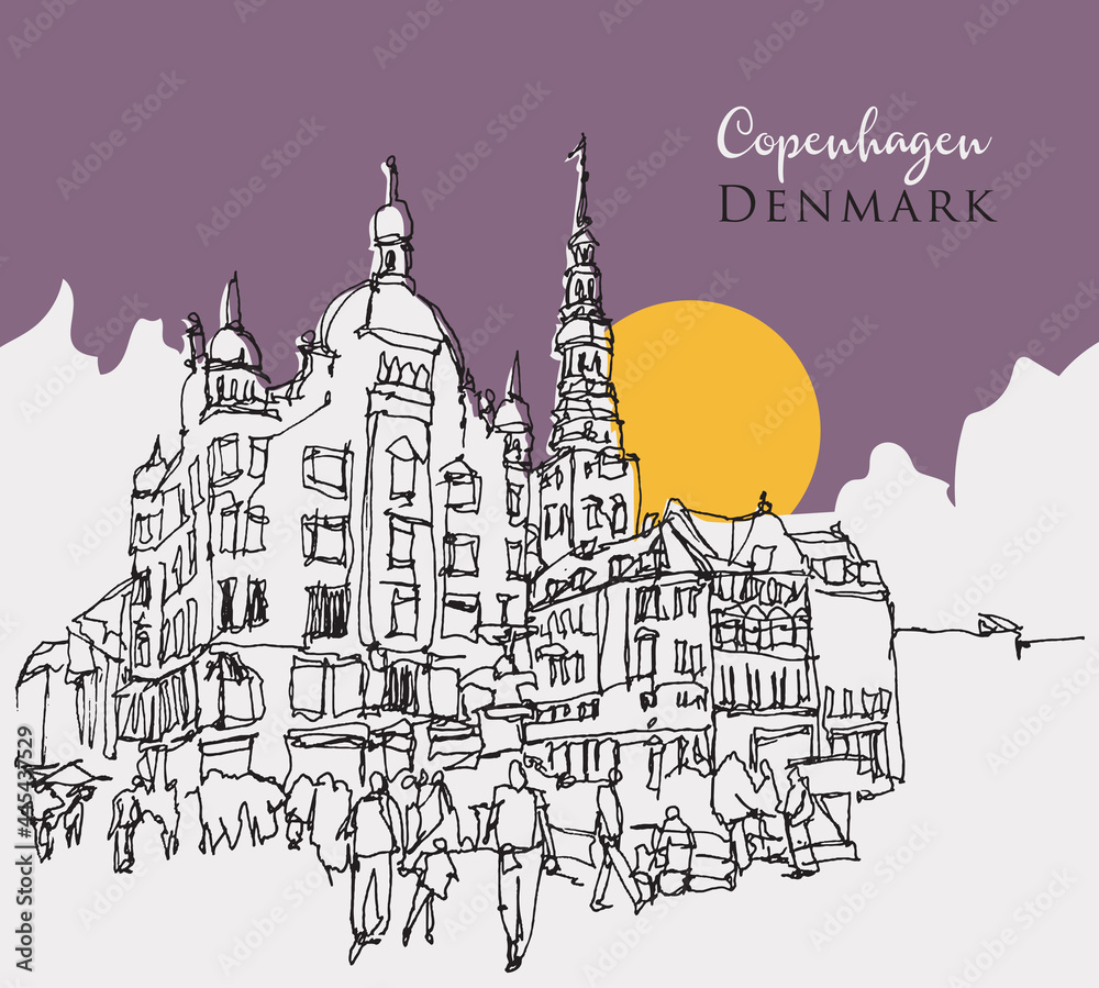Hand drawn sketch illustration of Copenhagen, the capital city of Denmark