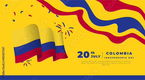 Banner illustration of Colombia independence day celebration. Waving flag and hands clenched. Vector illustration.