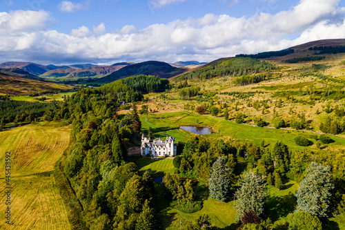 UK, Scotland, Aerial view of Dalnaglar Castle and surrounding landscape photo