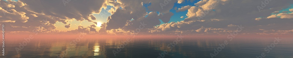 Ocean sunset above the water surface in the clouds of blue sky, 3D rendering