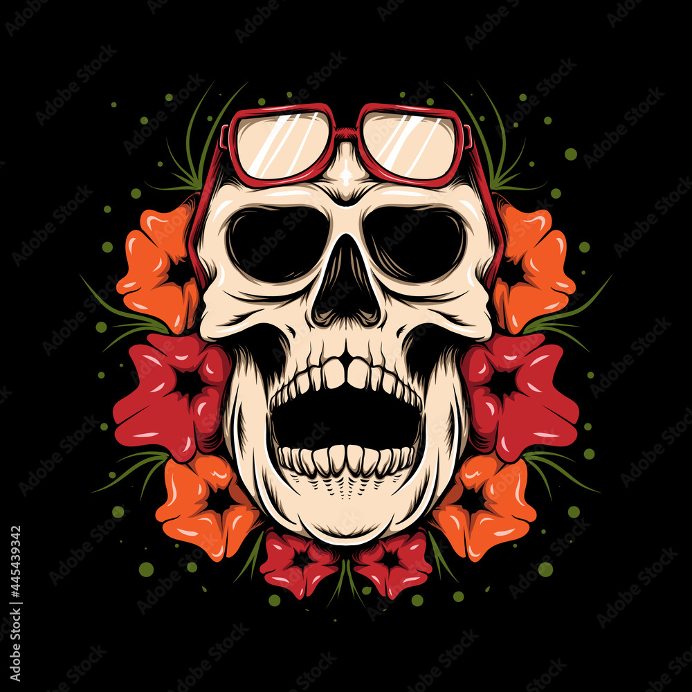 Fototapeta premium skull with flower vibes illustration T shirt design