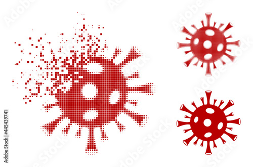 Dust dot coronavirus pictogram with wind effect, and halftone vector pictogram. Pixelated dust effect for coronavirus reproduces speed and movement of cyberspace matter.