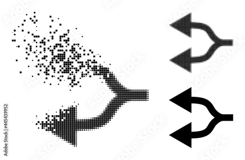 Fragmented pixelated split arrows left glyph with wind effect, and halftone vector icon. Pixelated dust effect for split arrows left gives speed and motion of cyberspace concepts.