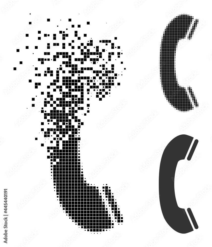Moving pixelated phone receiver icon with wind effect, and halftone vector icon. Pixelated abrasion effect for phone receiver reproduces speed and movement of cyberspace matter. Moving pixelated phone receiver icon with wind effect, and halftone vector icon. Pixelated abrasion effect for phone receiver reproduces speed and movement of cyberspace matter.