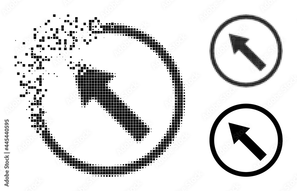Destructed pixelated up-left rounded arrow pictogram with destruction ...