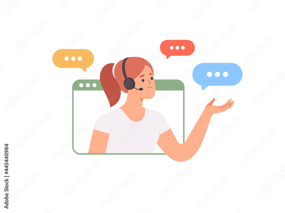 Young woman in headphones with microphone consulting client on phone in customer support service. How can I help you? Work in call center Young woman in headphones with microphone consulting client on phone in customer support service. How can I help you? Work in call center