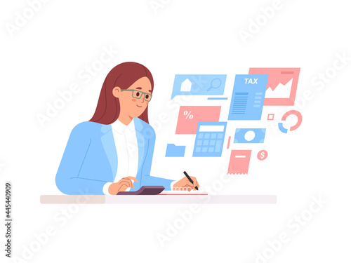 Young accountant calculating invoice with calculator at workplace. Vector illustration