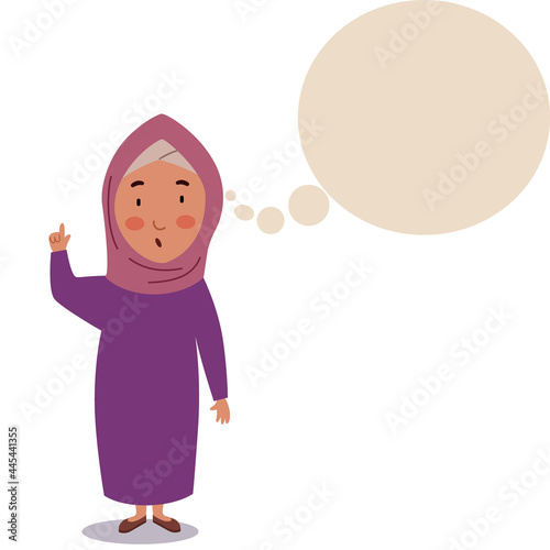 A girl in a hijab stands with her hand raised up. The child is thinking about an idea. The student thinks about it. cloud for text. Vector illustration on a white isolated background.