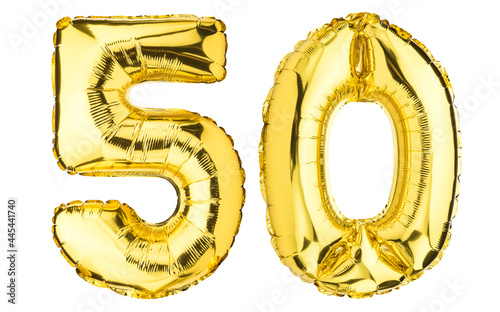Number Fifty 50 balloons. Helium balloon. 50 years. Golden Yellow foil color. Birthday Party, greeting card, Sale, Advertising, Anniversary. High resolution photo. Isolated on white background. photo
