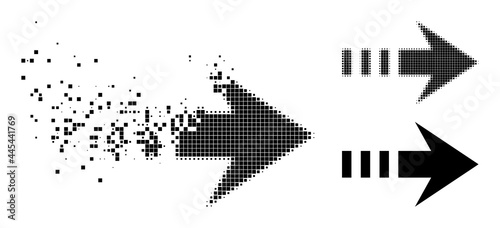 Shredded dotted send right icon with destruction effect, and halftone vector icon. Pixel dissolving effect for send right gives speed and motion of cyberspace items.