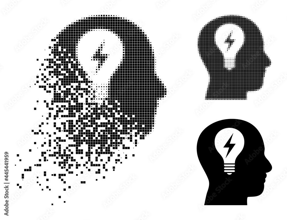 Decomposed dot head bulb icon with wind effect, and halftone vector icon. Pixel erosion effect for head bulb gives speed and motion of cyberspace abstractions. Decomposed dot head bulb icon with wind effect, and halftone vector icon. Pixel erosion effect for head bulb gives speed and motion of cyberspace abstractions.