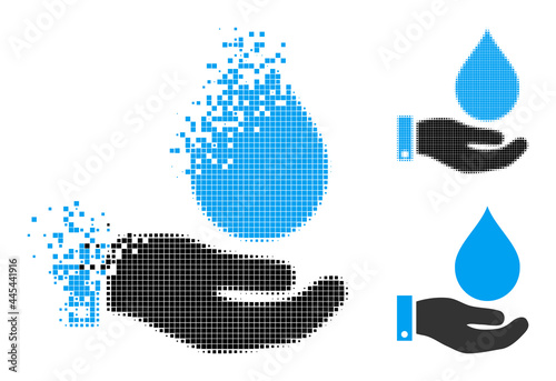 Erosion pixelated water service icon with destruction effect, and halftone vector icon. Pixelated creation effect for water service shows speed and motion of cyberspace things.