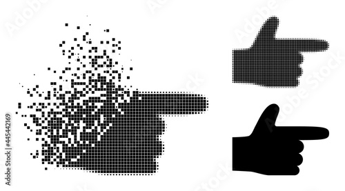 Dissolving dot hand pointer right pictogram with wind effect, and halftone vector composition. Pixelated dust effect for hand pointer right reproduces speed and motion of cyberspace things.