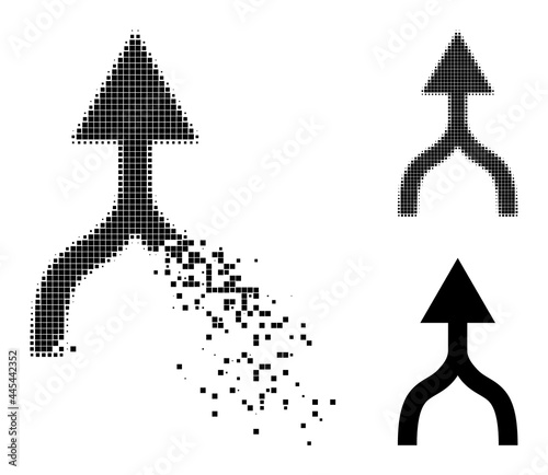 Destructed pixelated combine arrow up icon with wind effect, and halftone vector icon. Pixelated dematerialization effect for combine arrow up reproduces speed and movement of cyberspace items.