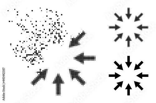 Destructed pixelated compact arrows glyph with destruction effect  and halftone vector composition.