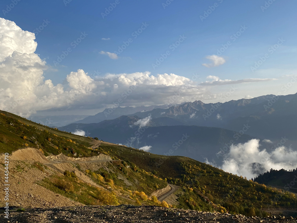 View from the trekking trail Rosa Khutor Ski Resort, Sochi, Russia. Roza Pik is the summit of the Aibga mountain range, which is located at an altitude of 2320 m.