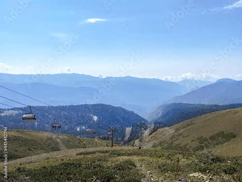 View from the trekking trail Rosa Khutor Ski Resort, Sochi, Russia. Roza Pik is the summit of the Aibga mountain range, which is located at an altitude of 2320 m.