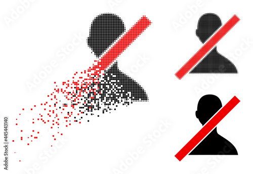 Disappearing pixelated closed user pictogram with destruction effect, and halftone vector icon. Pixelated degradation effect for closed user reproduces speed and movement of cyberspace things.