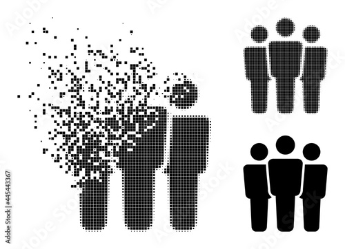 Dispersed pixelated people icon with destruction effect, and halftone vector icon. Pixelated dematerialization effect for people shows speed and movement of cyberspace concepts.