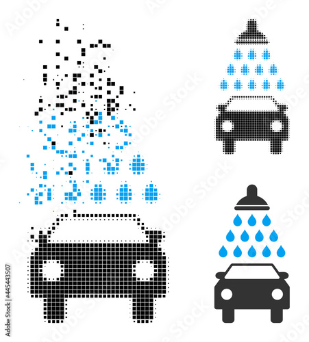 Dissolving pixelated car shower icon with wind effect, and halftone vector pictogram. Pixelated degradation effect for car shower gives speed and movement of cyberspace items.