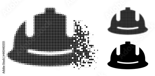 Fragmented pixelated construction helmet glyph with destruction effect, and halftone vector pictogram.