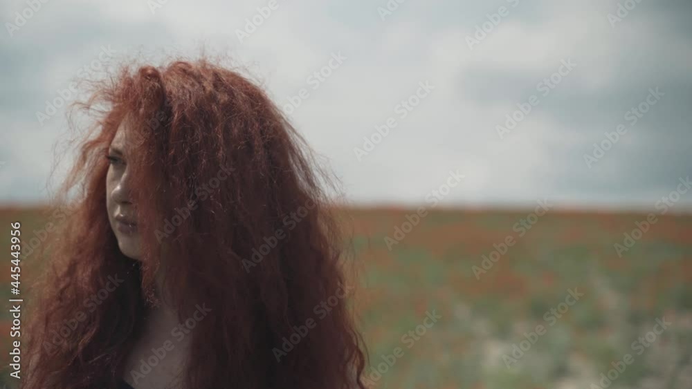 Curly red-haired girl looks away then turns and starts talking to camera. Beautiful woman with freckles on background of poppy field. Blogger in nature. Curly red-haired girl looks away then turns and starts talking to camera. Beautiful woman with freckles on background of poppy field. Blogger in nature.