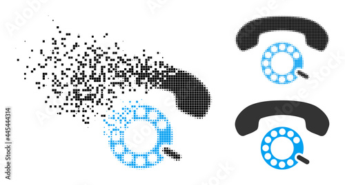 Dissipated pixelated pulse dialing icon with destruction effect, and halftone vector composition. Pixelated destruction effect for pulse dialing gives speed and motion of cyberspace objects.