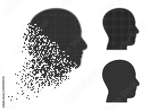 Destructed pixelated head profile icon with wind effect, and halftone vector composition. Pixelated disintegrating effect for head profile demonstrates speed and motion of cyberspace abstractions.