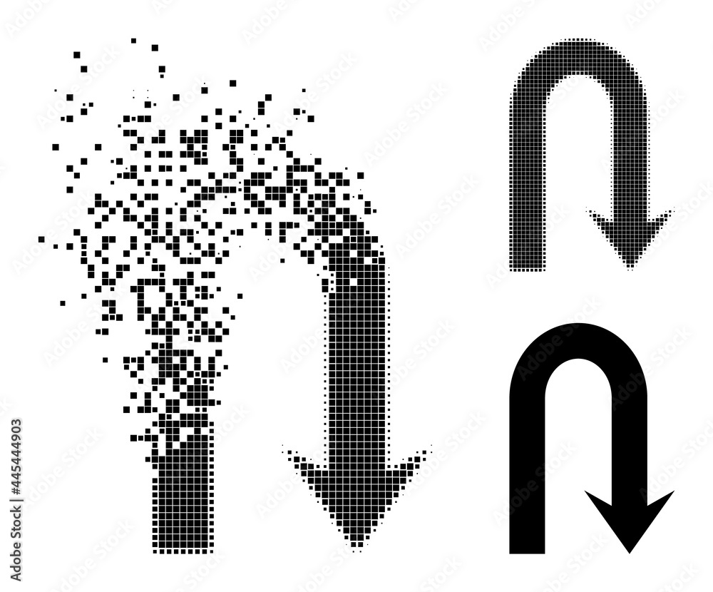 Burst pixelated turn back icon with destruction effect, and halftone vector composition. Pixelated destruction effect for turn back shows speed and motion of cyberspace abstractions.