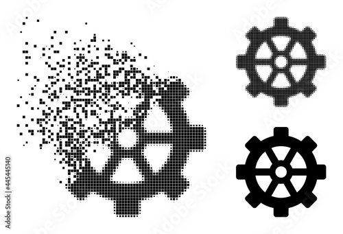 Disappearing pixelated gear glyph with destruction effect, and halftone vector composition. Pixelated dissolution effect for gear reproduces speed and movement of cyberspace abstractions.