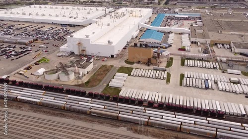 Lorry Truck Driving At The Premises Of FCA Stellantis Assembly Plant In An Industrial Park In Sterling Heights, Michigan. aerial photo