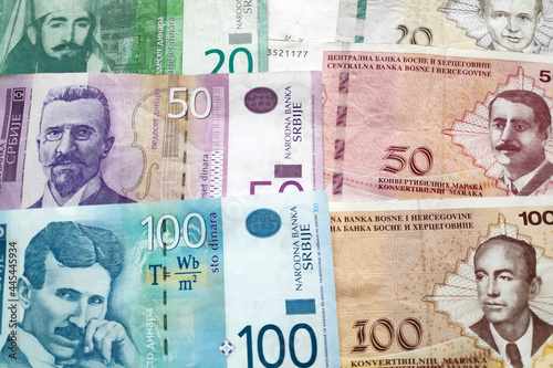 Close-up on a stack of Serbian dinar and Bosnia and Herzegovina convertible mark.