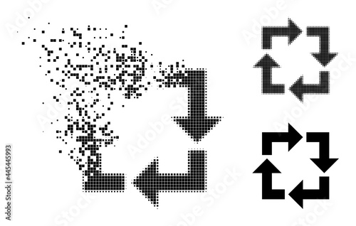 Broken pixelated recycle glyph with destruction effect, and halftone vector symbol. Pixelated dissipation effect for recycle gives speed and motion of cyberspace matter.