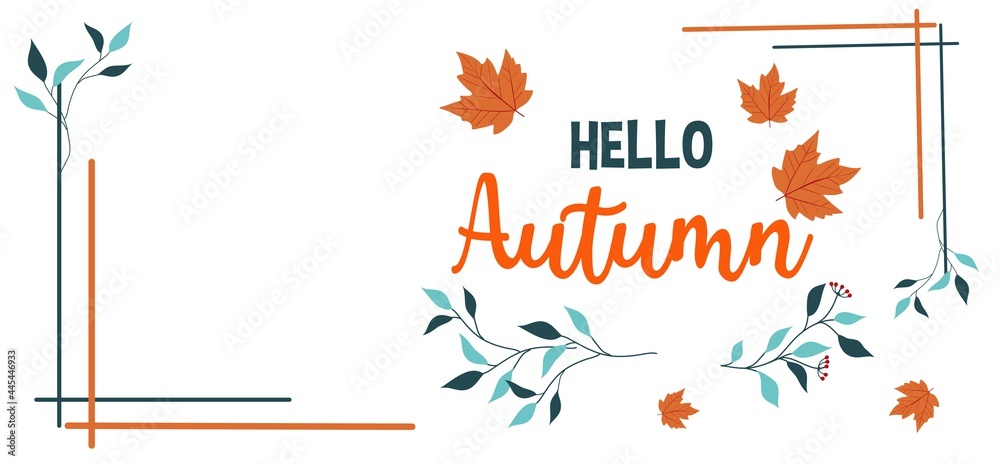 Hello autumn trendy flat style design template with hand drawn maple leaves. Vector flat style illustration. Fall design template for card, sale banner, poster, invitation etc, Hello autumn trendy flat style design template with hand drawn maple leaves. Vector flat style illustration. Fall design template for card, sale banner, poster, invitation etc,