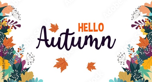 Hello Autumn Flat style Vector illustration with hand drawn leaves isolated on white background. Fall colorful design template for greeting card  poster  sale  promotional campaign  flyer  web banner