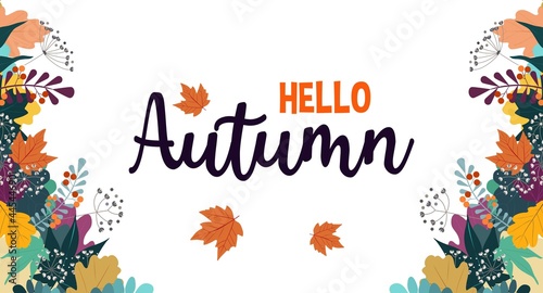 Hello Autumn Flat style Vector illustration with hand drawn leaves isolated on white background. Fall colorful design template for greeting card, poster, sale, promotional campaign, flyer, web banner