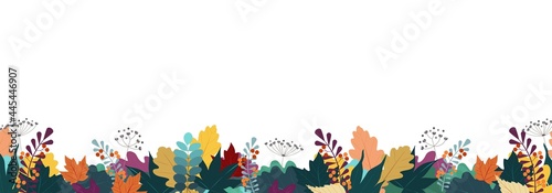 Autumn Flat style background Vector illustration with hand drawn leaves isolated on white. Fall border or frame design template for greeting card, poster, sale, flyer, web banner