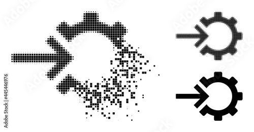 Erosion dotted cog integration pictogram with destruction effect, and halftone vector pictogram. Pixelated erosion effect for cog integration reproduces speed and motion of cyberspace concepts.