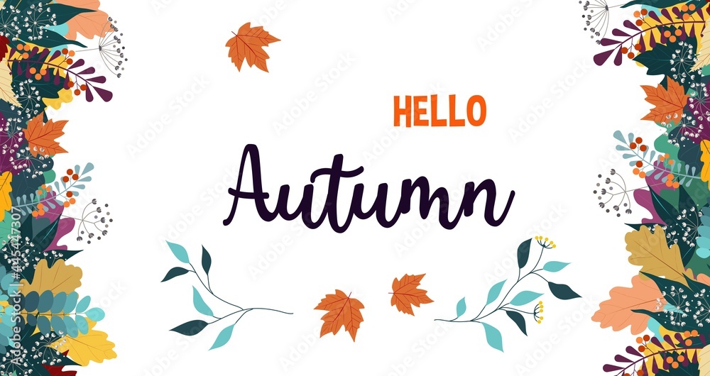 Hello Autumn background design template with maple leaves. Hello fall background with Red, orange and yellow fall leaves and abstract shapes. Flat style vector illustration
