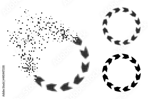 Broken pixelated circulation icon with destruction effect, and halftone vector icon. Pixelated dissolving effect for circulation shows speed and movement of cyberspace matter.