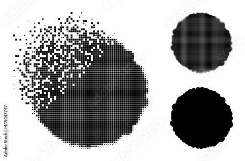 Dust pixelated core pictogram with destruction effect, and halftone vector image. Pixelated dissolving effect for core gives speed and movement of cyberspace items.